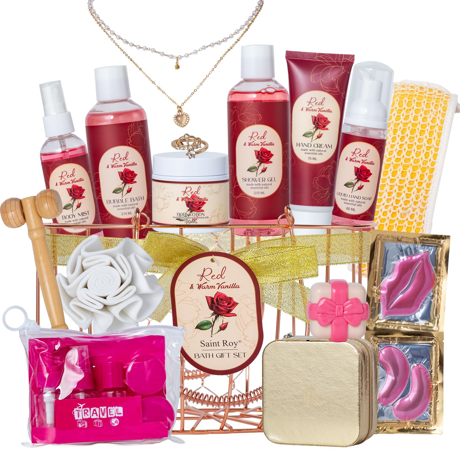Saint Roy 21-Piece Bath & Body Gift Basket – Rose Vanilla Spa Set for Women
