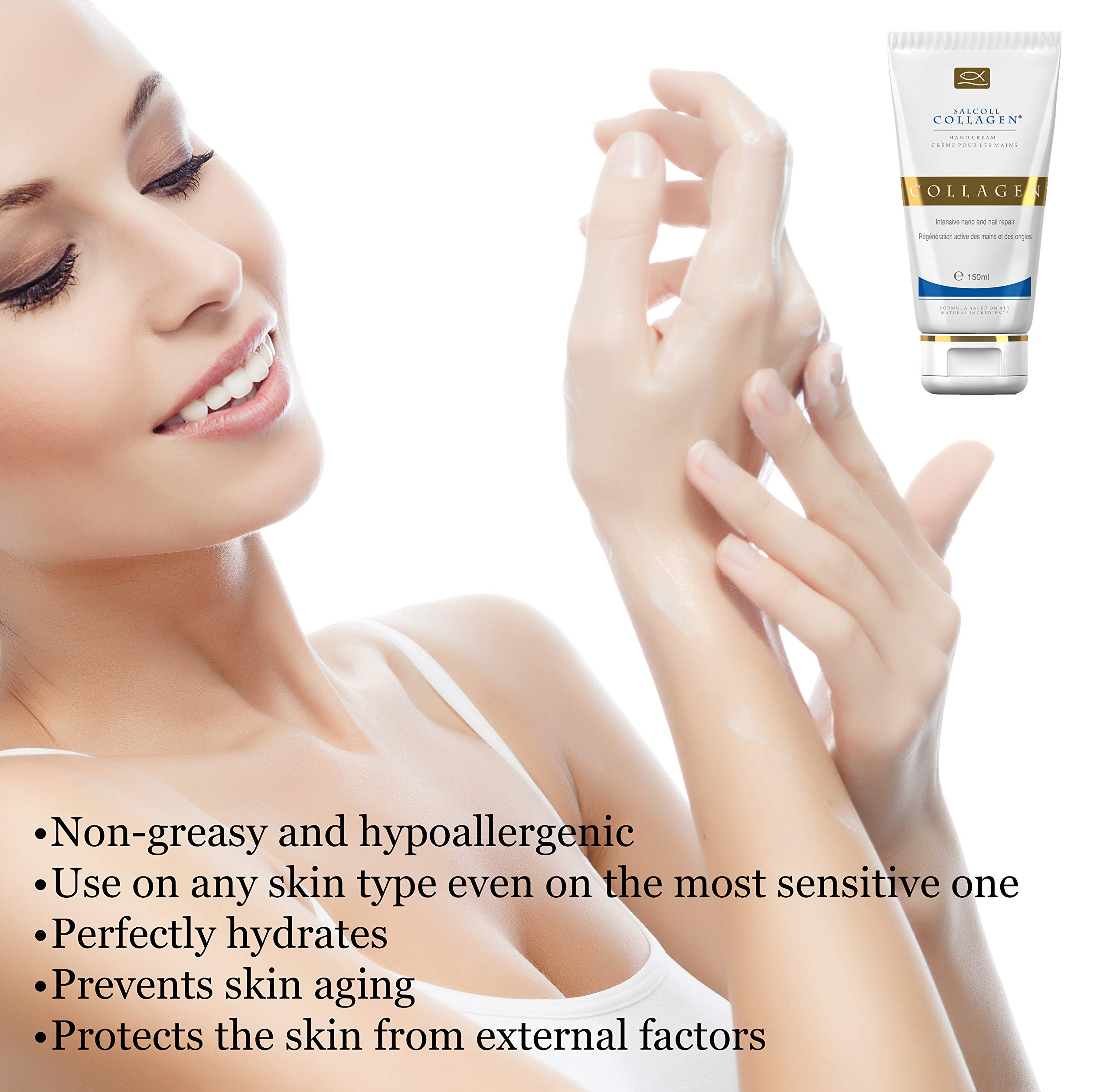 Salcoll Pure Bioactive Anti-Aging Collagen Repair Hand Cream – Hypoallergenic Moisturizer (150 ml)