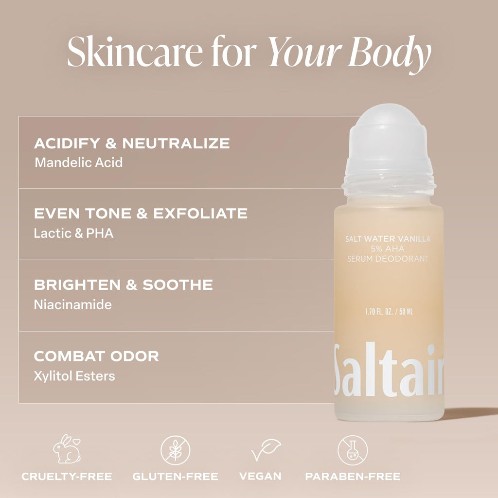 Saltair Serum Deodorant Salt Water Vanilla 2 Pack — 5% AHA Formula, Aluminum-Free Odor Control