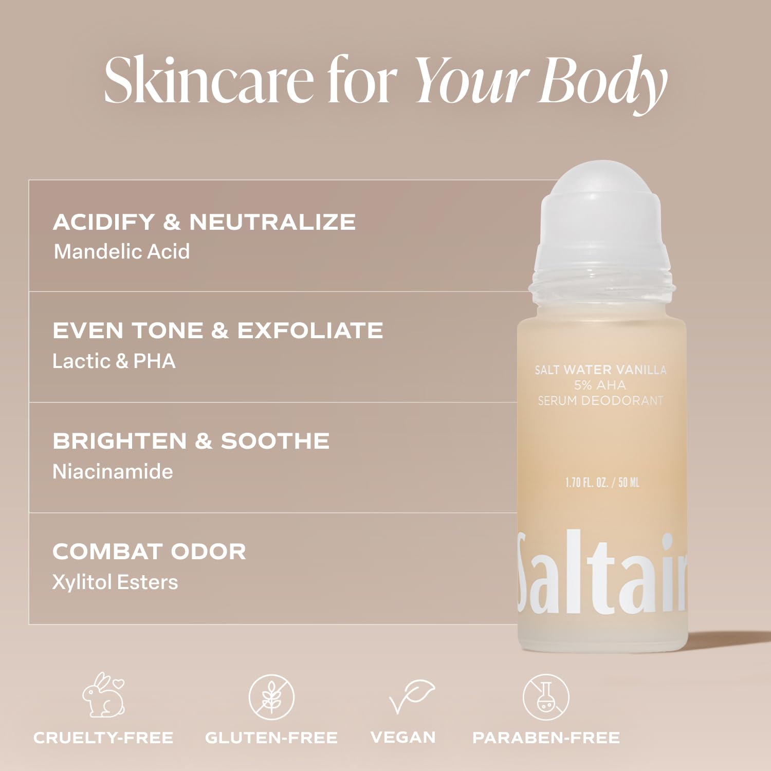 Saltair Serum Deodorant Salt Water Vanilla 2 Pack — 5% AHA Formula, Aluminum-Free Odor Control