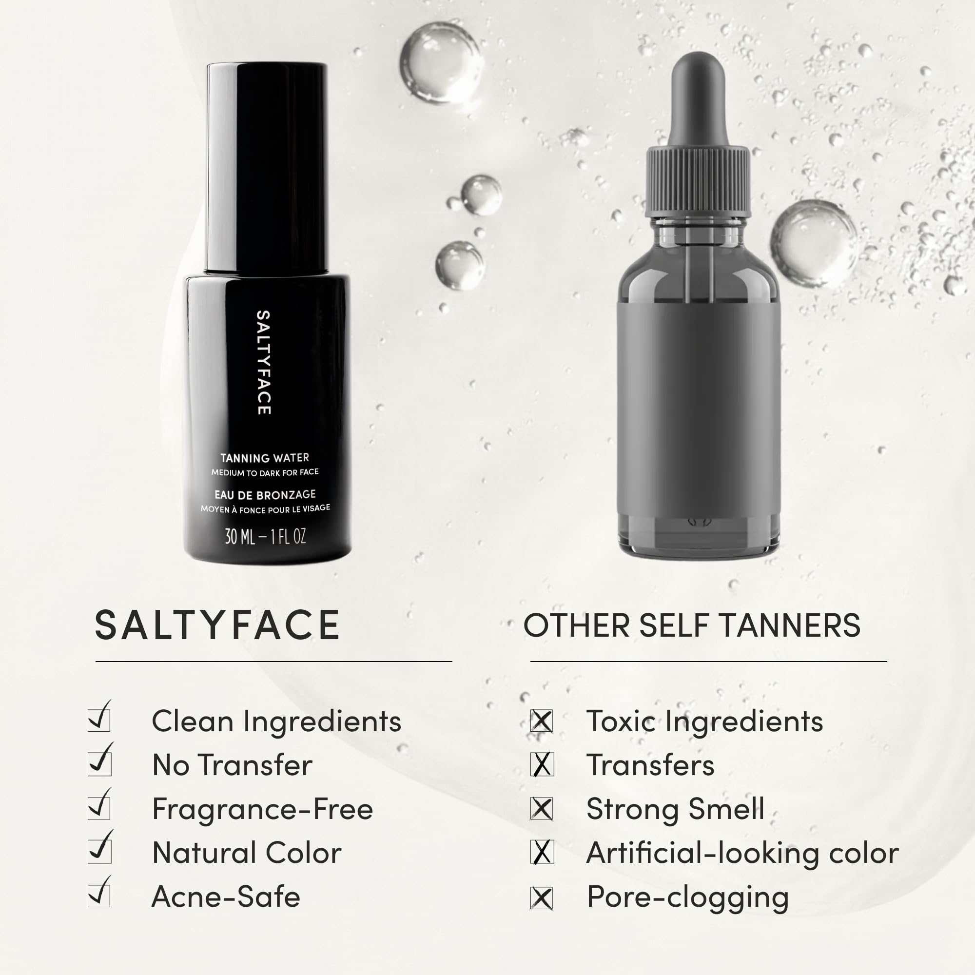 SALTYFACE Tanning Water (Medium to Dark) – Oil-Free, Fragrance-Free Self Tanner for Face, Neck, Ears, Chest