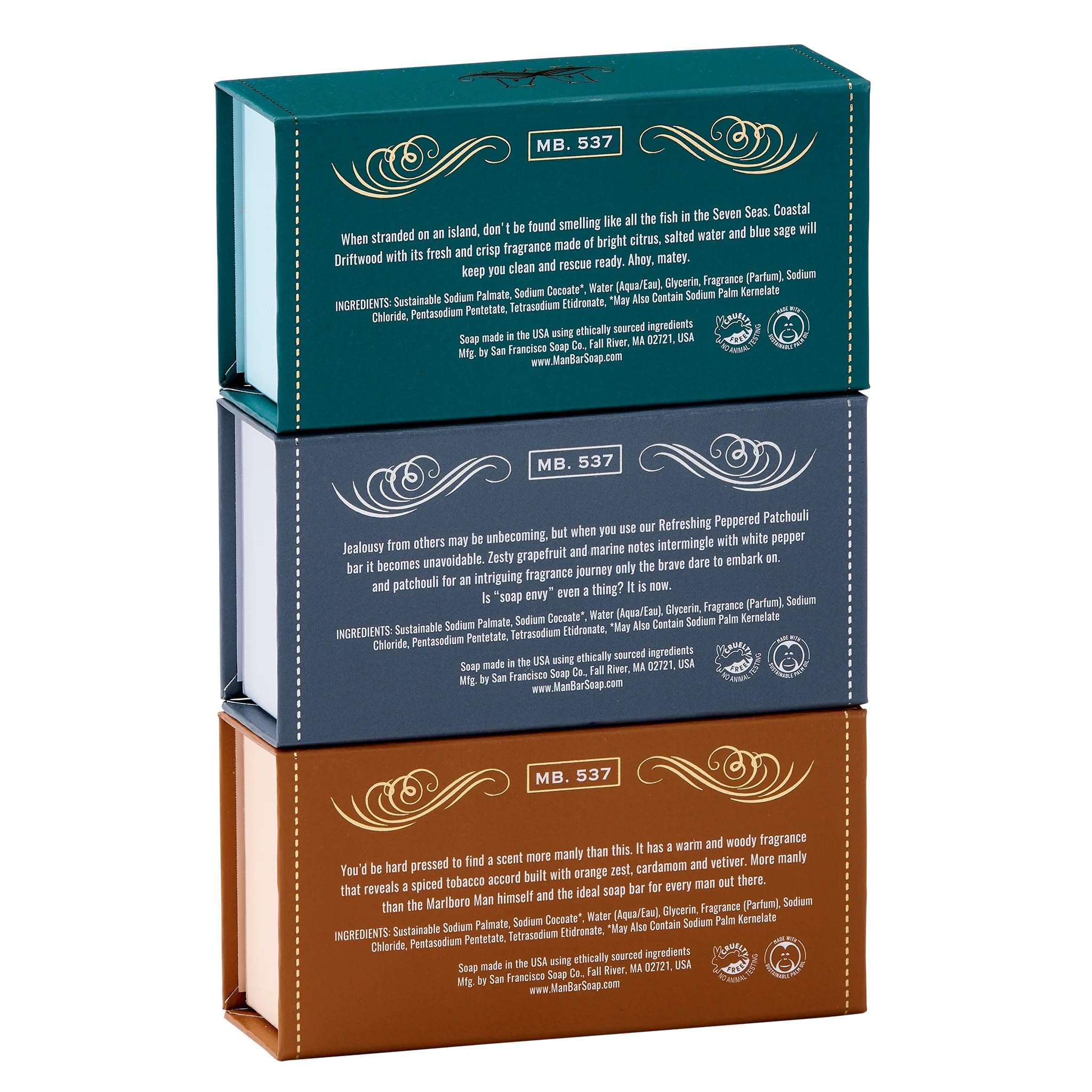 San Francisco Soap Company Man Bar 3-Piece Gift Set – Coastal Driftwood, Peppered Patchouli & Spiced Tobacco