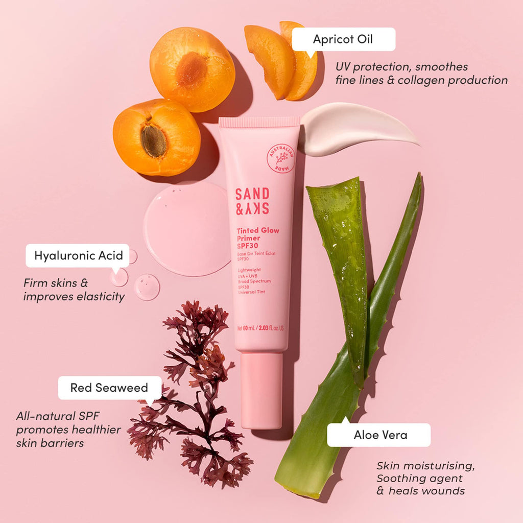 Sand & Sky Tinted Glow Primer SPF 30 – Australian Made Hydrating Primer with Rosy Tint & Broad Spectrum Protection