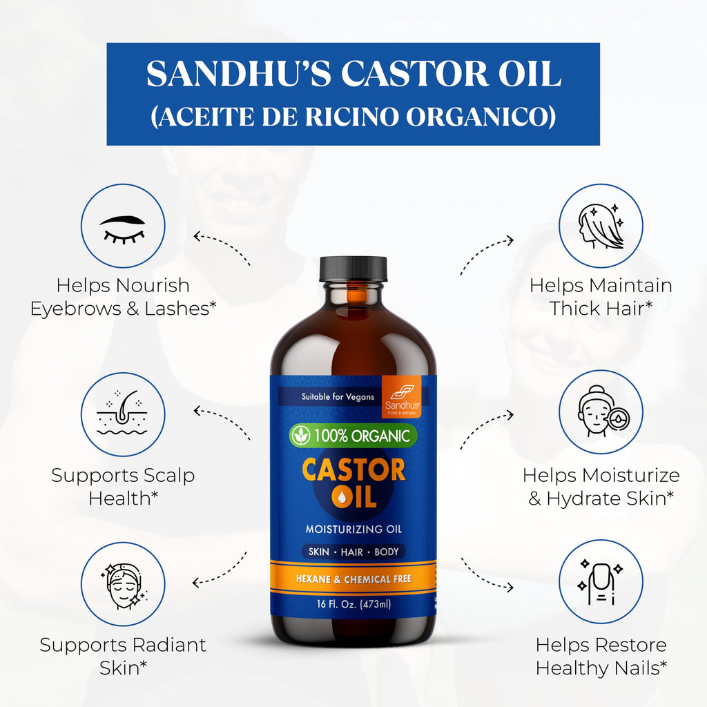 Sandhu's 100% Organic Castor Oil – 16 oz Glass Bottle | Pure, Hexane-Free & Unrefined
