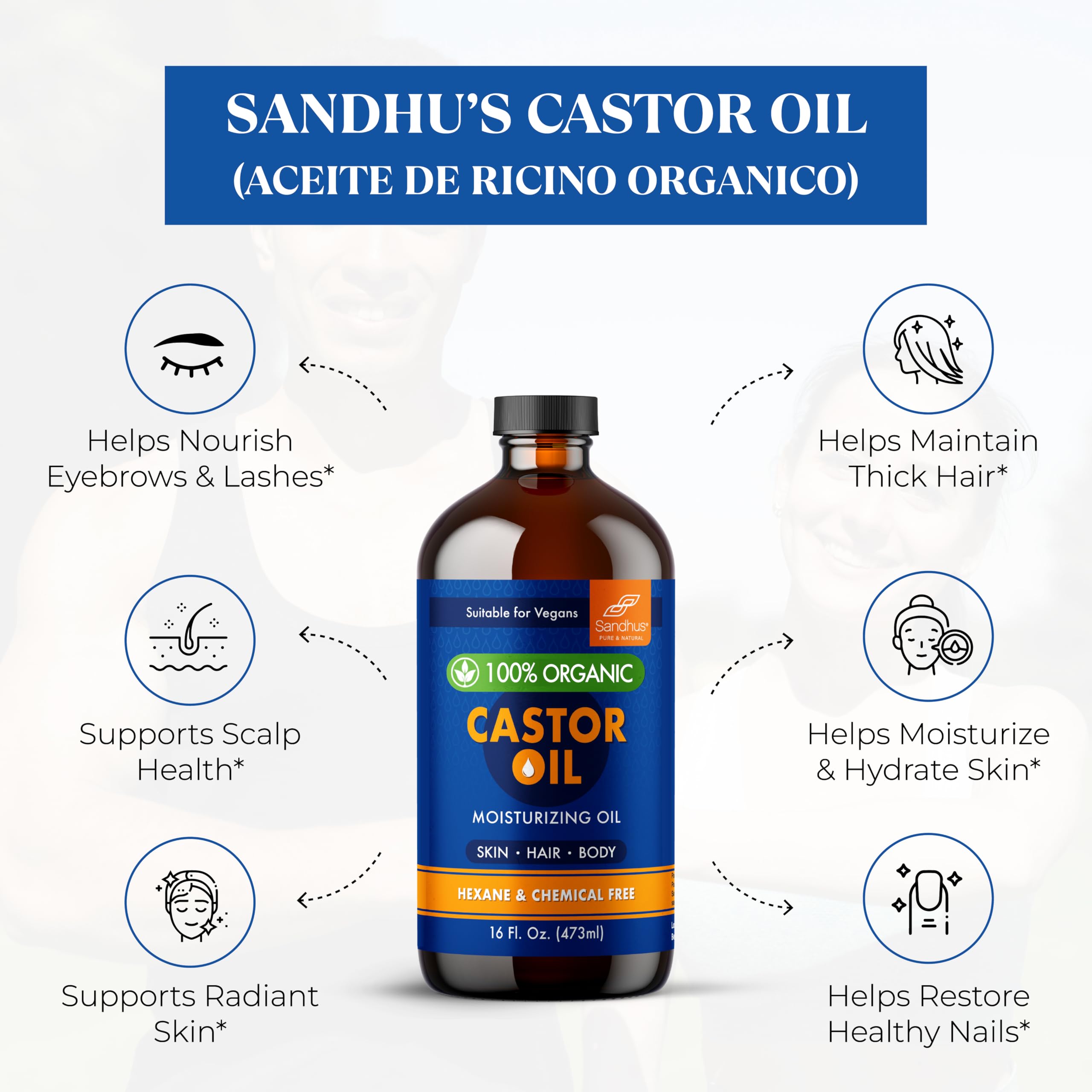 Sandhu's 100% Organic Castor Oil – 16 oz Glass Bottle | Pure, Hexane-Free & Unrefined
