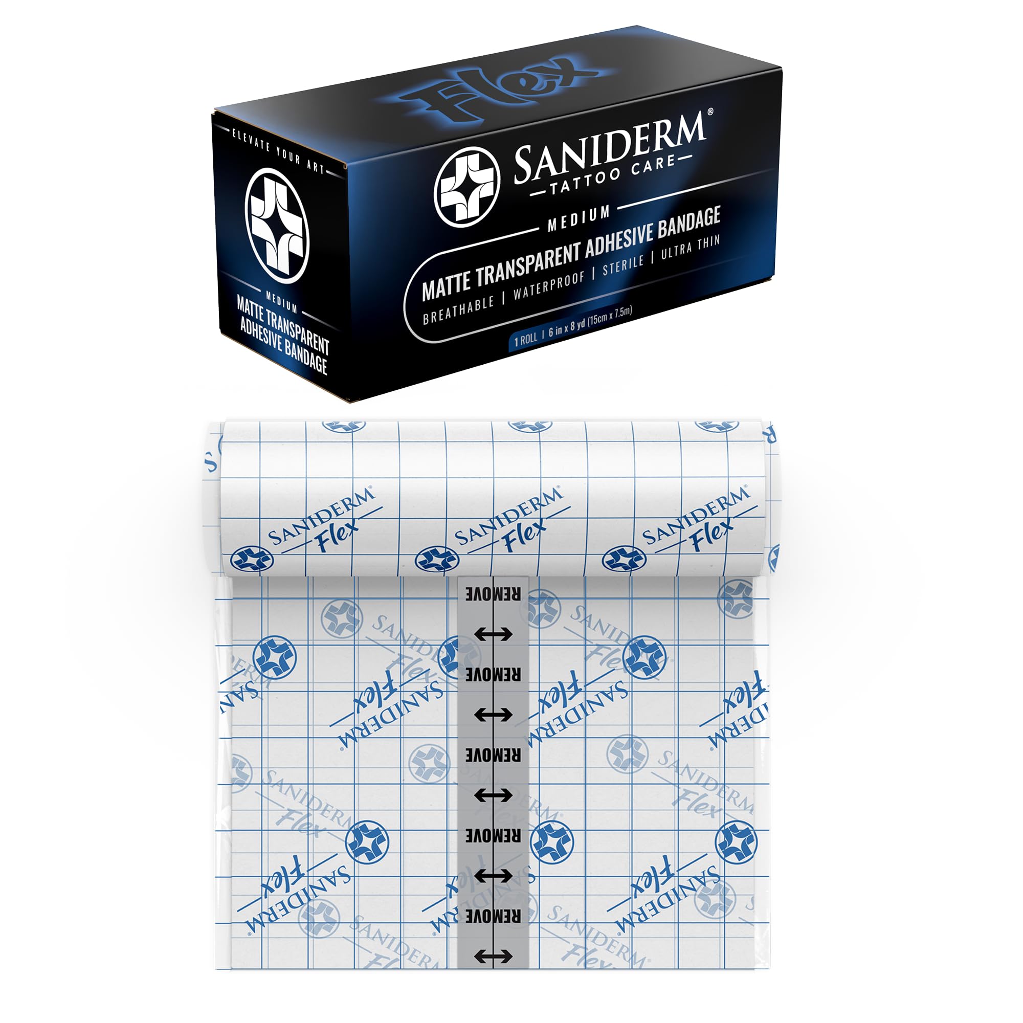 Saniderm Flex Tattoo Aftercare Bandage (New) 6 in x 8 yd – Ultra-Flexible, Matte Finish, Waterproof