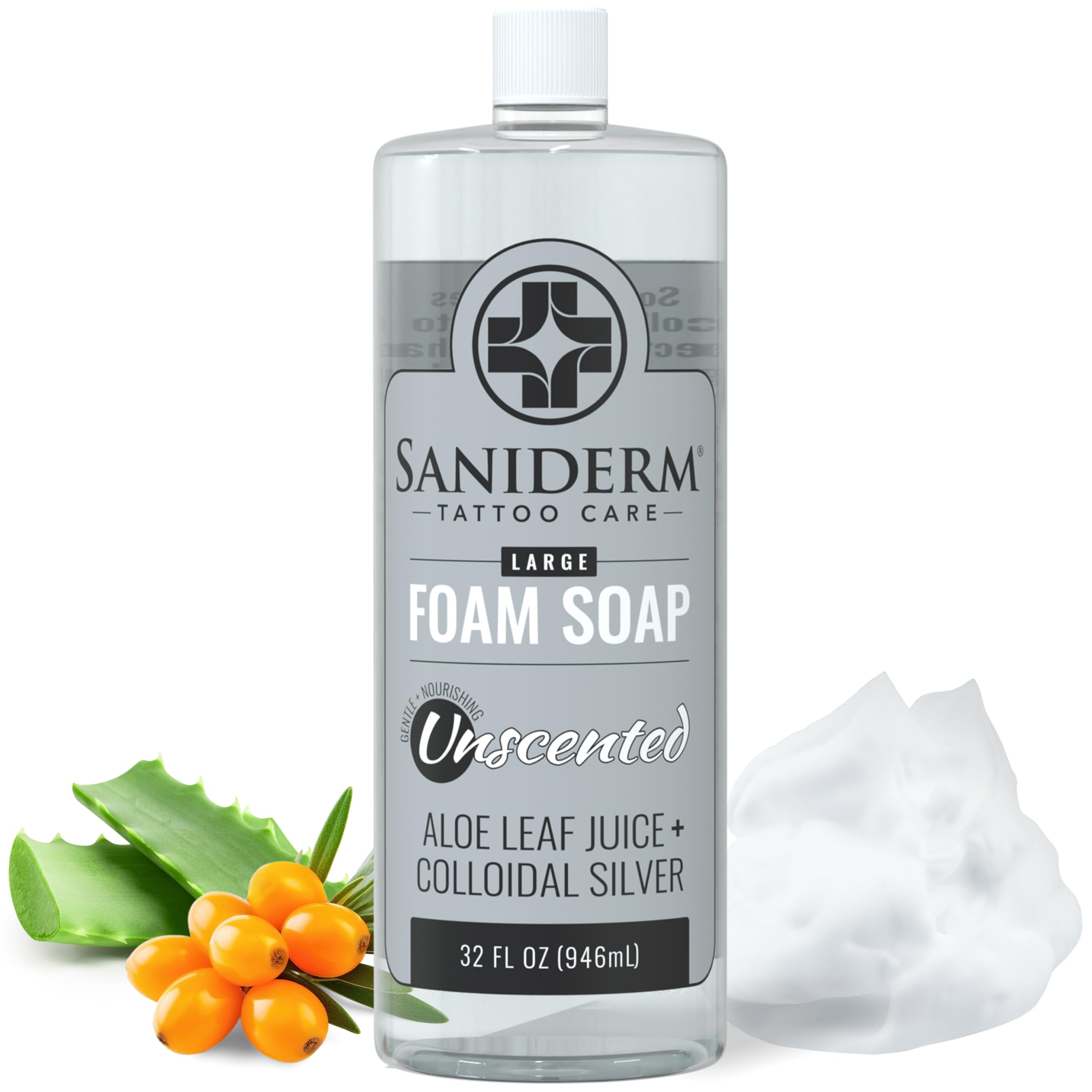 Saniderm Foaming Tattoo Soap (32oz Shop Size) – Gentle Cleanse with Colloidal Silver, Aloe Vera & Sea Buckthorn