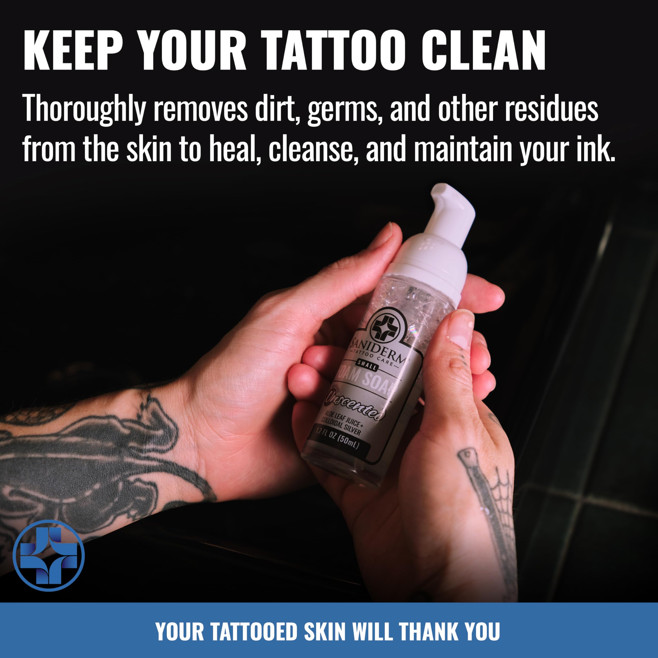 Saniderm Foaming Tattoo Soap (32oz Shop Size) – Gentle Cleanse with Colloidal Silver, Aloe Vera & Sea Buckthorn