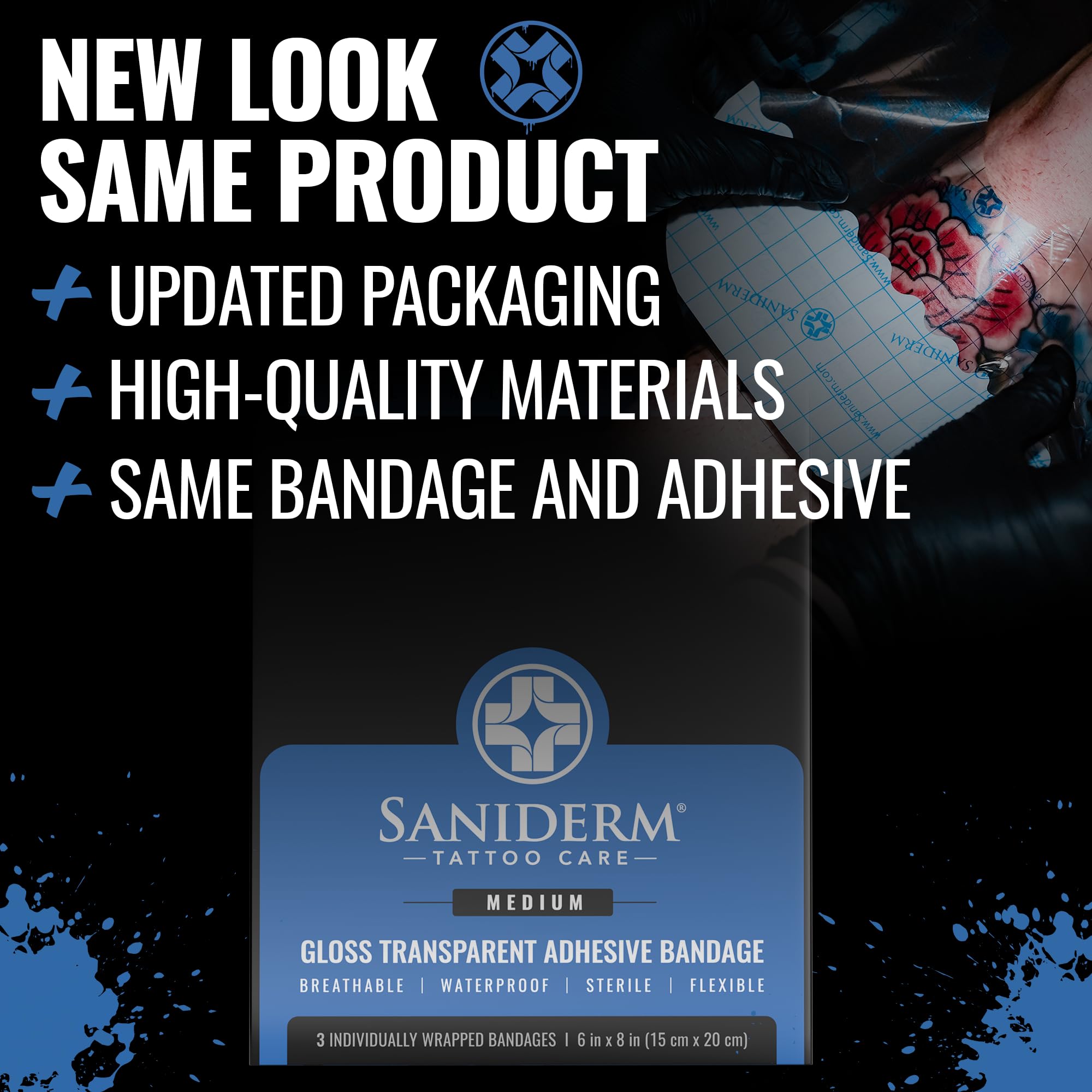 Saniderm Tattoo Aftercare Bandage – 3 Sheets (Medium Pack, 6 x 8 in) | Sterile, Waterproof, Latex-Free