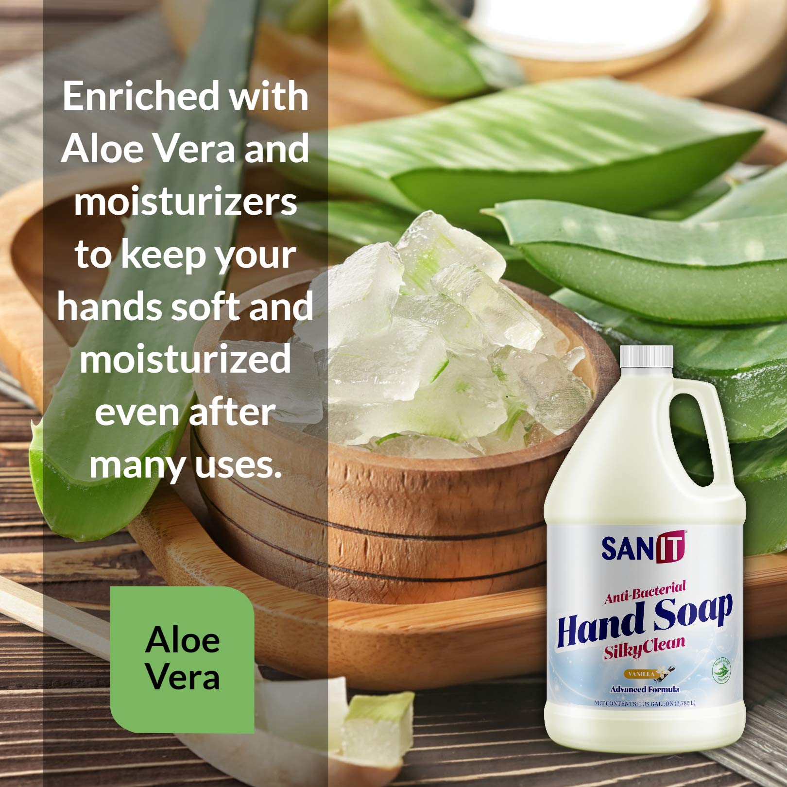Sanit Silky Clean Antibacterial Hand Soap Refill – Coconut Oil & Aloe Vera, Vanilla, 1 Gallon, Made in USA