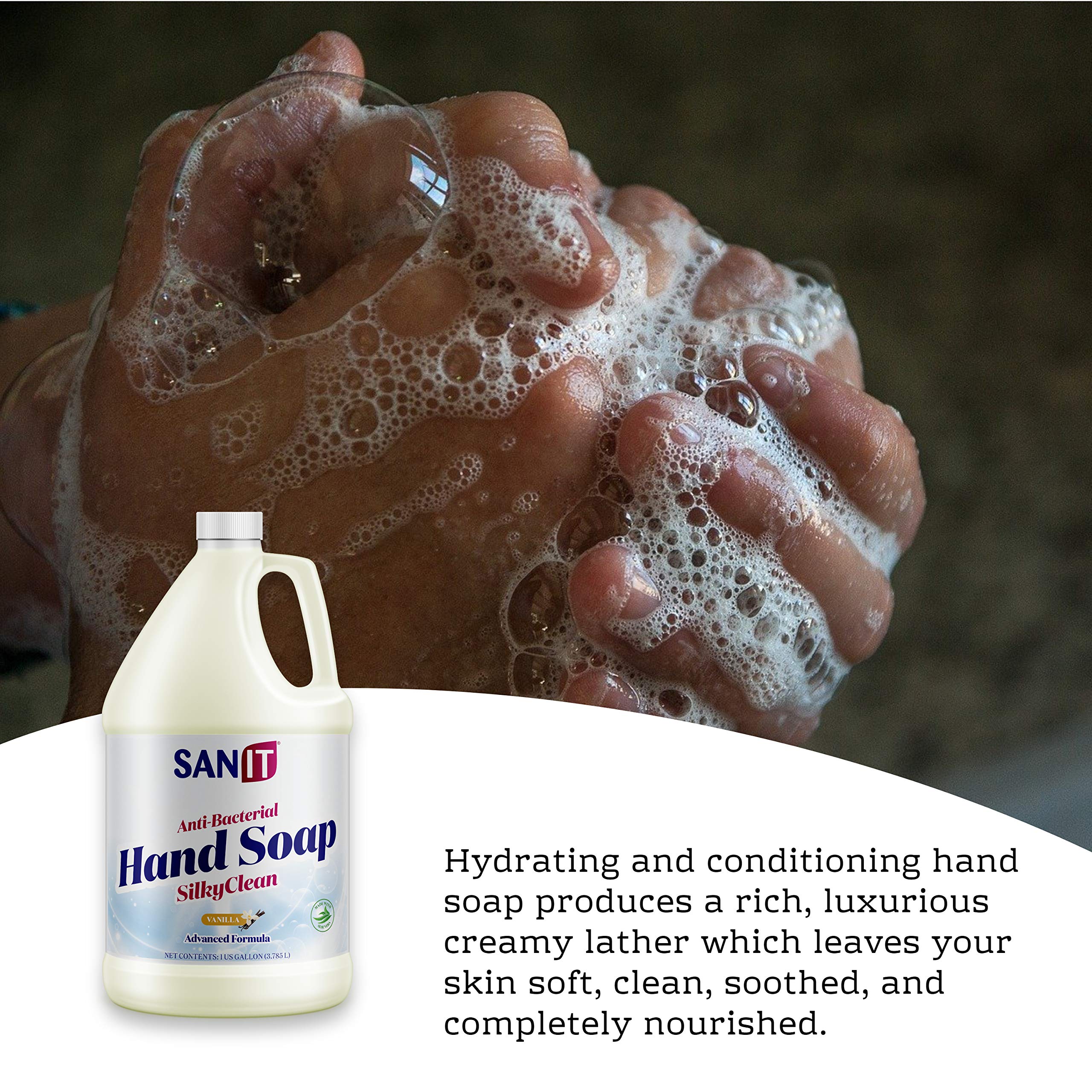 Sanit Silky Clean Antibacterial Hand Soap Refill – Coconut Oil & Aloe Vera, Vanilla, 1 Gallon, Made in USA