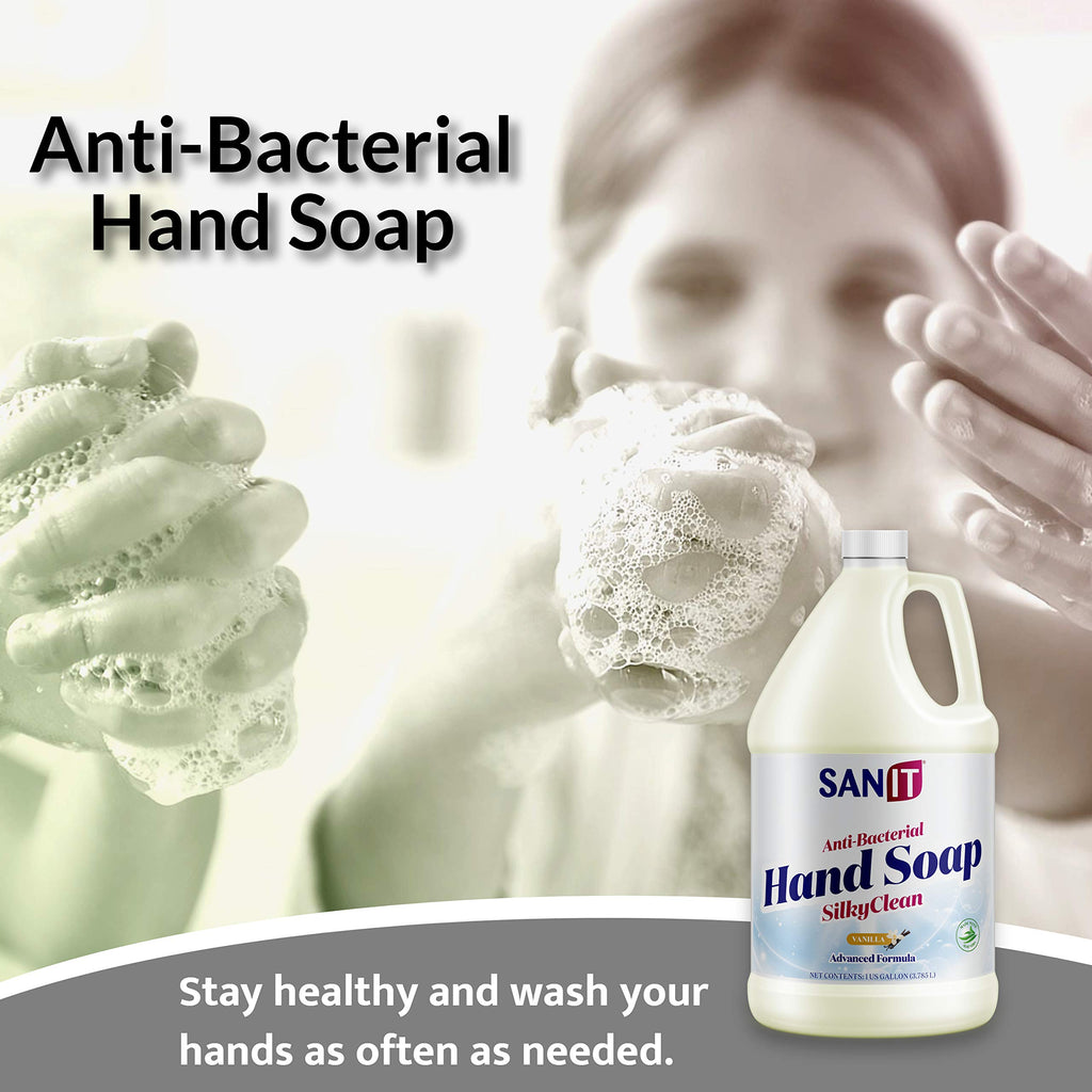 Sanit Silky Clean Antibacterial Hand Soap Refill – Coconut Oil & Aloe Vera, Vanilla, 1 Gallon, Made in USA