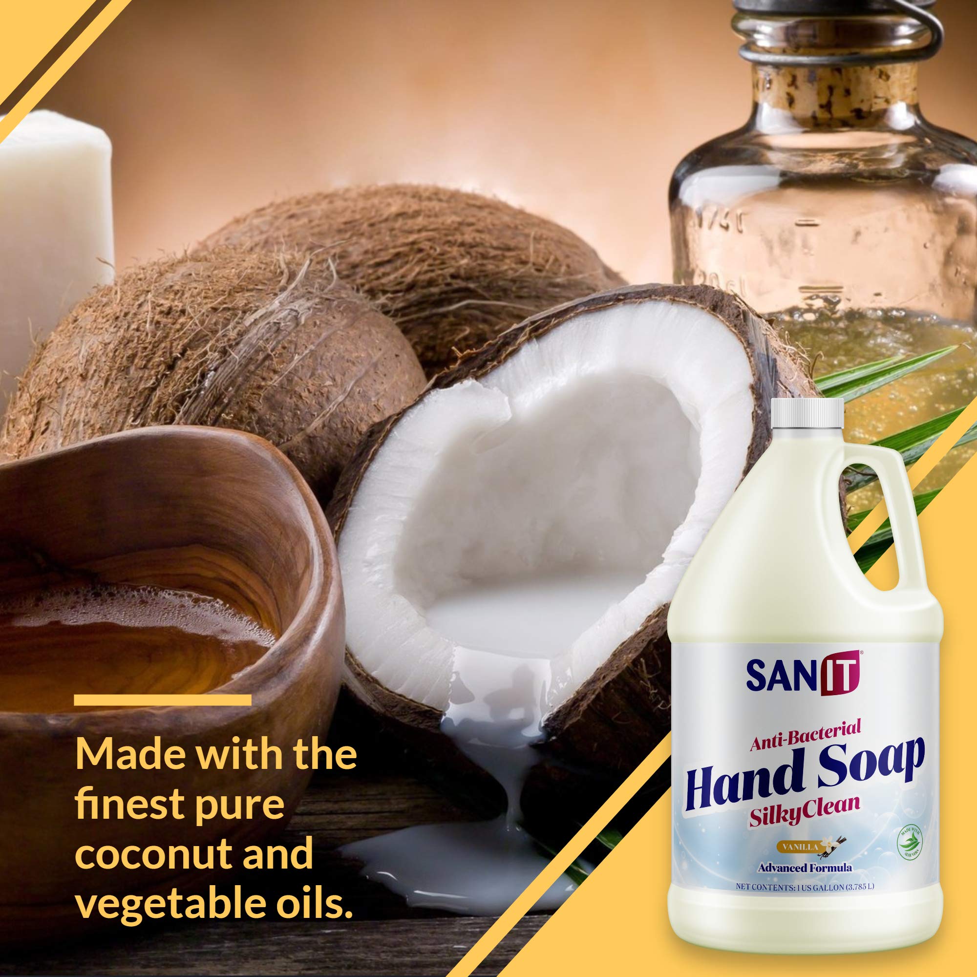 Sanit Silky Clean Antibacterial Hand Soap Refill – Coconut Oil & Aloe Vera, Vanilla, 1 Gallon, Made in USA