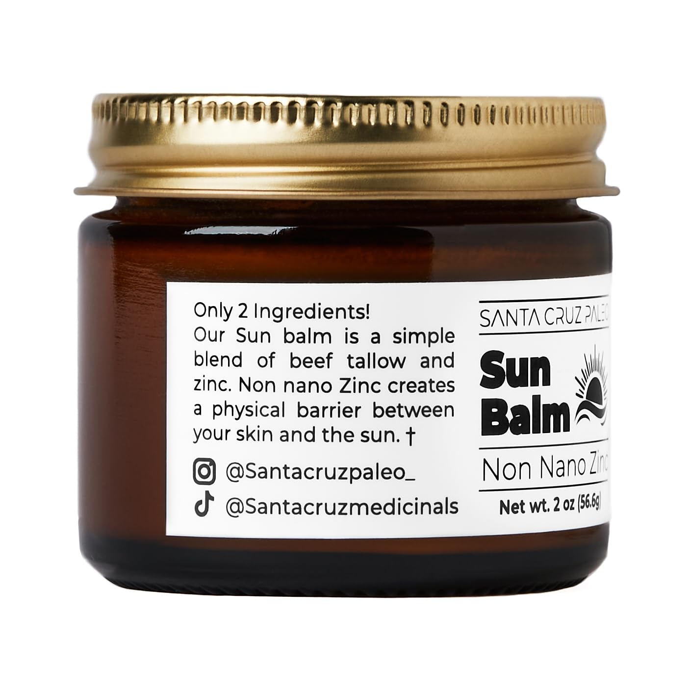 Santa Cruz Paleo Beef Tallow Sun Balm with Non-Nano Zinc Oxide – Unscented, Sunscreen Free, 2 oz