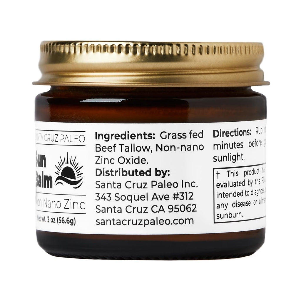 Santa Cruz Paleo Beef Tallow Sun Balm with Non-Nano Zinc Oxide – Unscented, Sunscreen Free, 2 oz