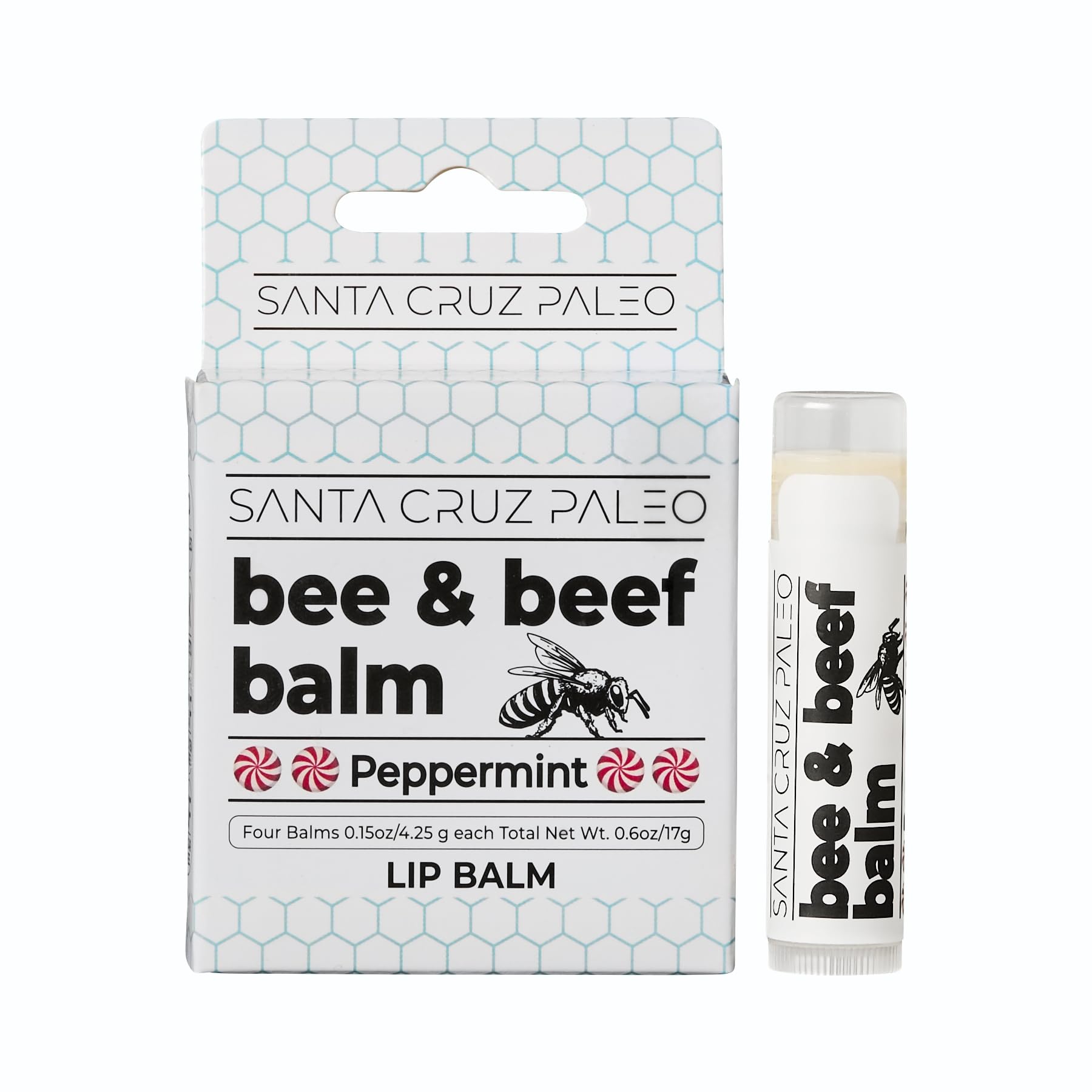 Santa Cruz Paleo Grass Fed Beef Tallow & Beeswax Peppermint Lip Balm – 4 Pack, Hypoallergenic & Long-Lasting