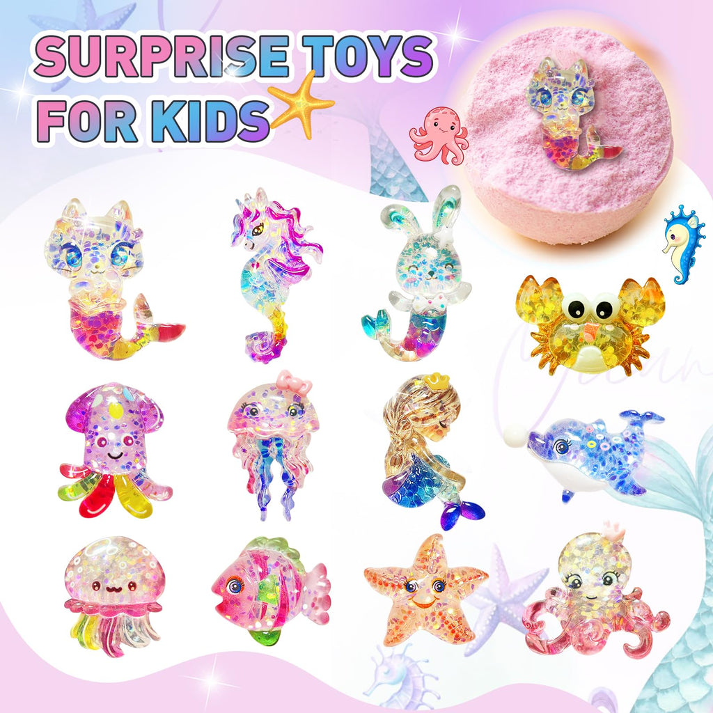 Santrela Kids Bath Bombs with Surprise Inside – 12pc Gift Set with Mermaid Toys & Hair Clips