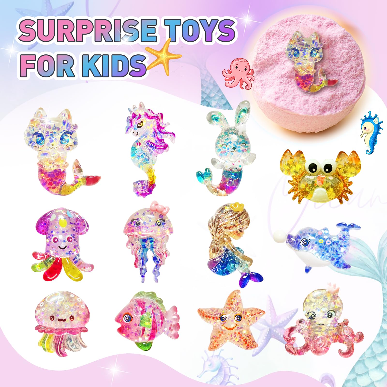 Santrela Kids Bath Bombs with Surprise Inside – 12pc Gift Set with Mermaid Toys & Hair Clips