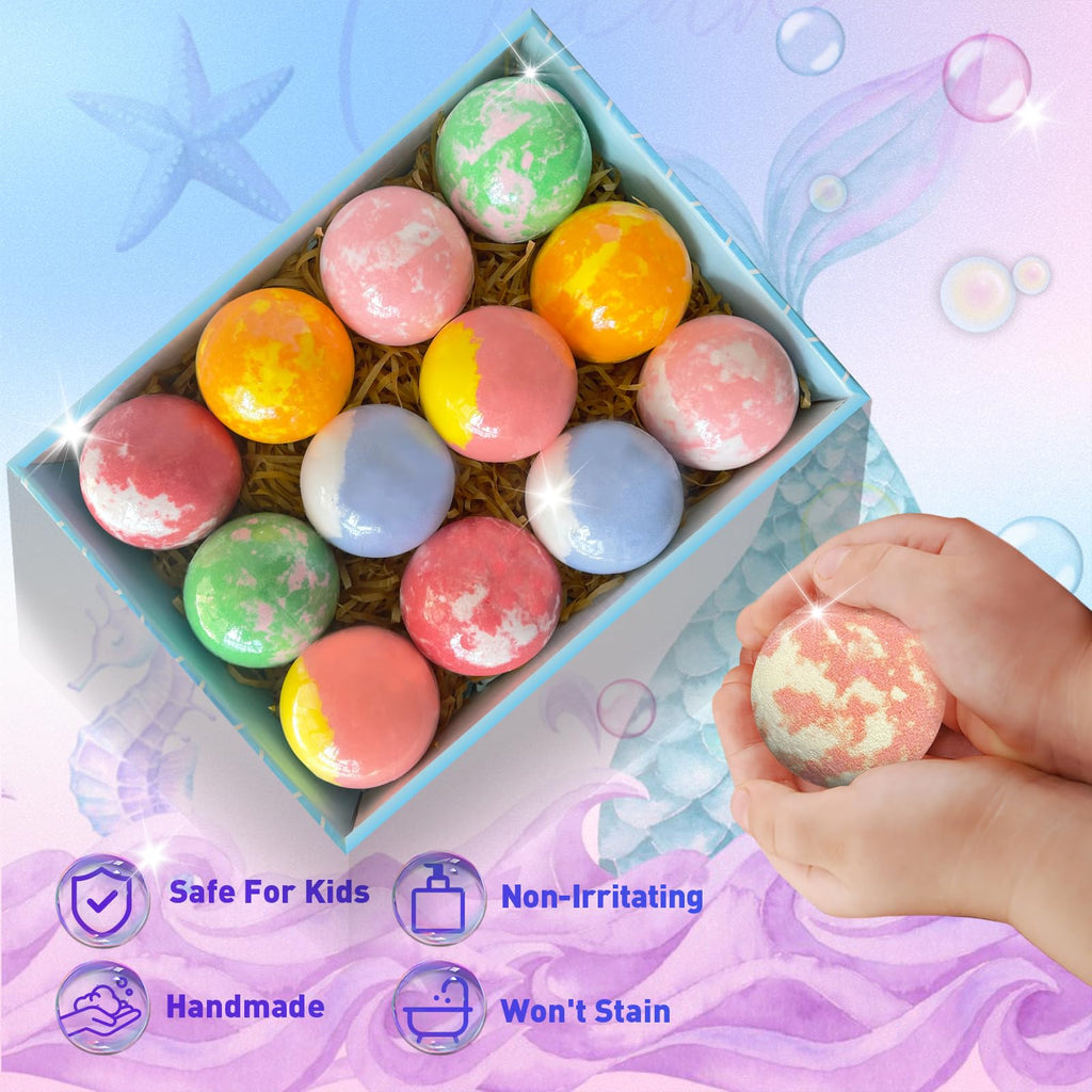 Santrela Kids Bath Bombs with Surprise Inside – 12pc Gift Set with Mermaid Toys & Hair Clips