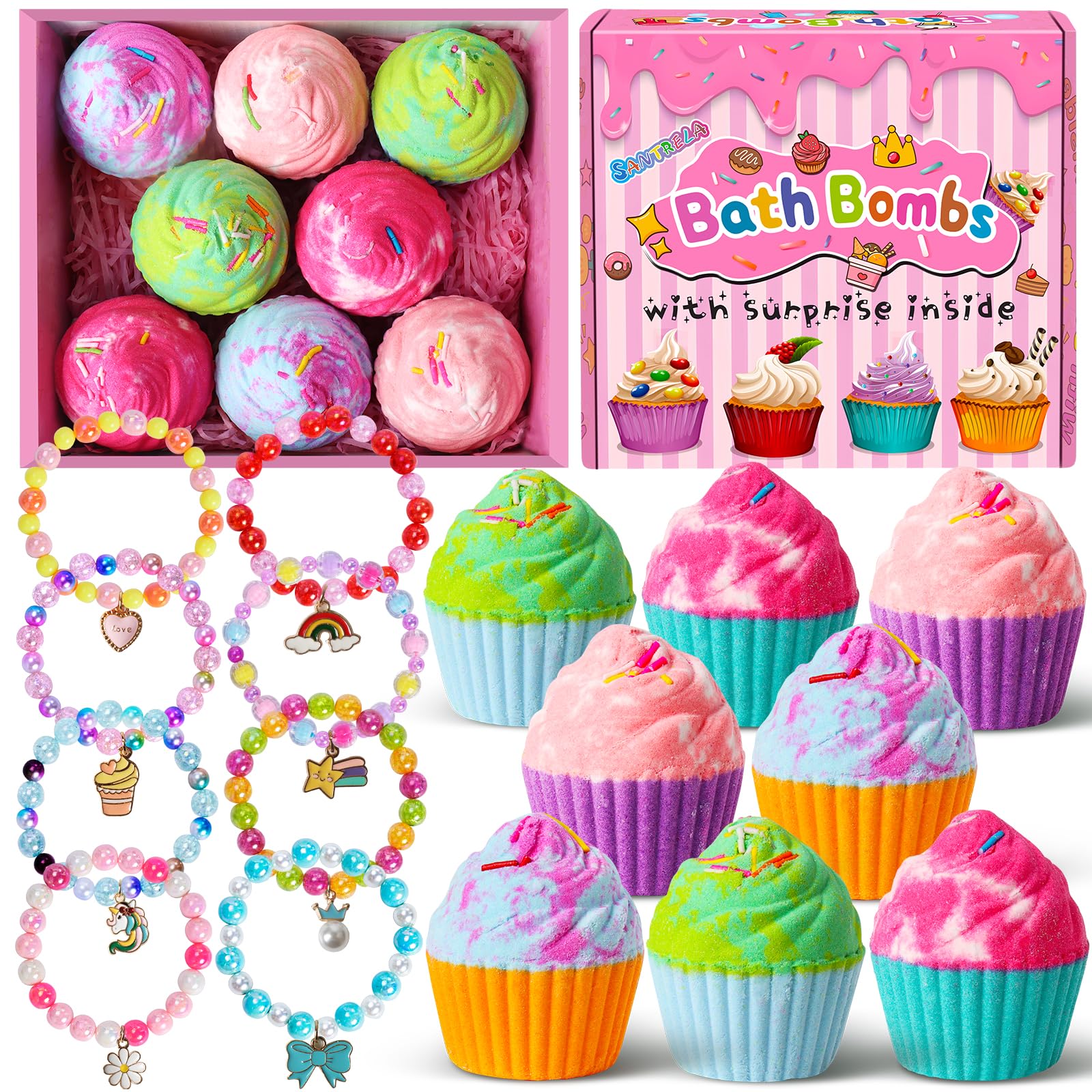 Santrela Cupcake Bath Bombs for Kids – 8-Pack Gift Set with Surprise Jewelry Inside