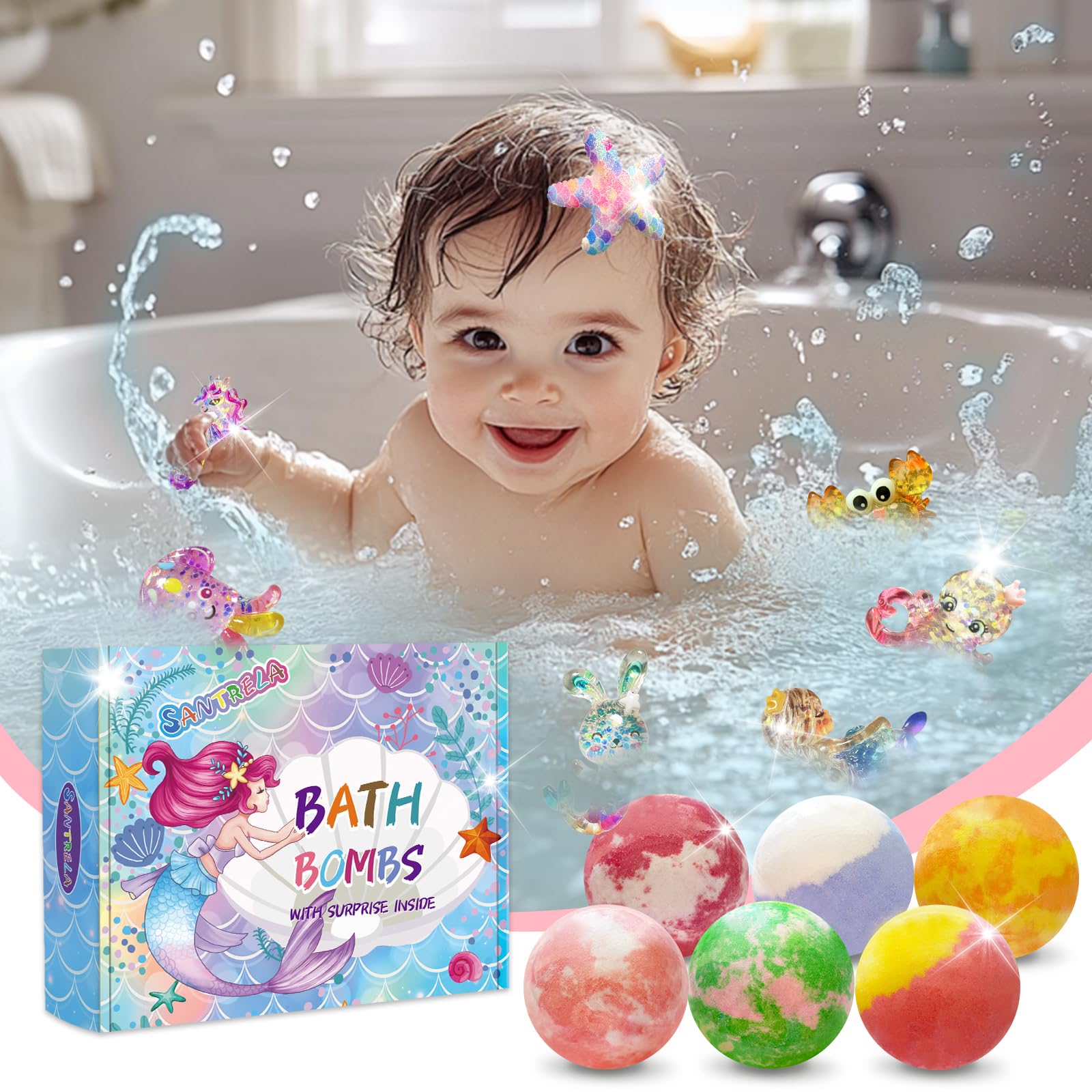 Santrela Kids Bath Bombs with Surprise Inside – 12pc Gift Set with Mermaid Toys & Hair Clips