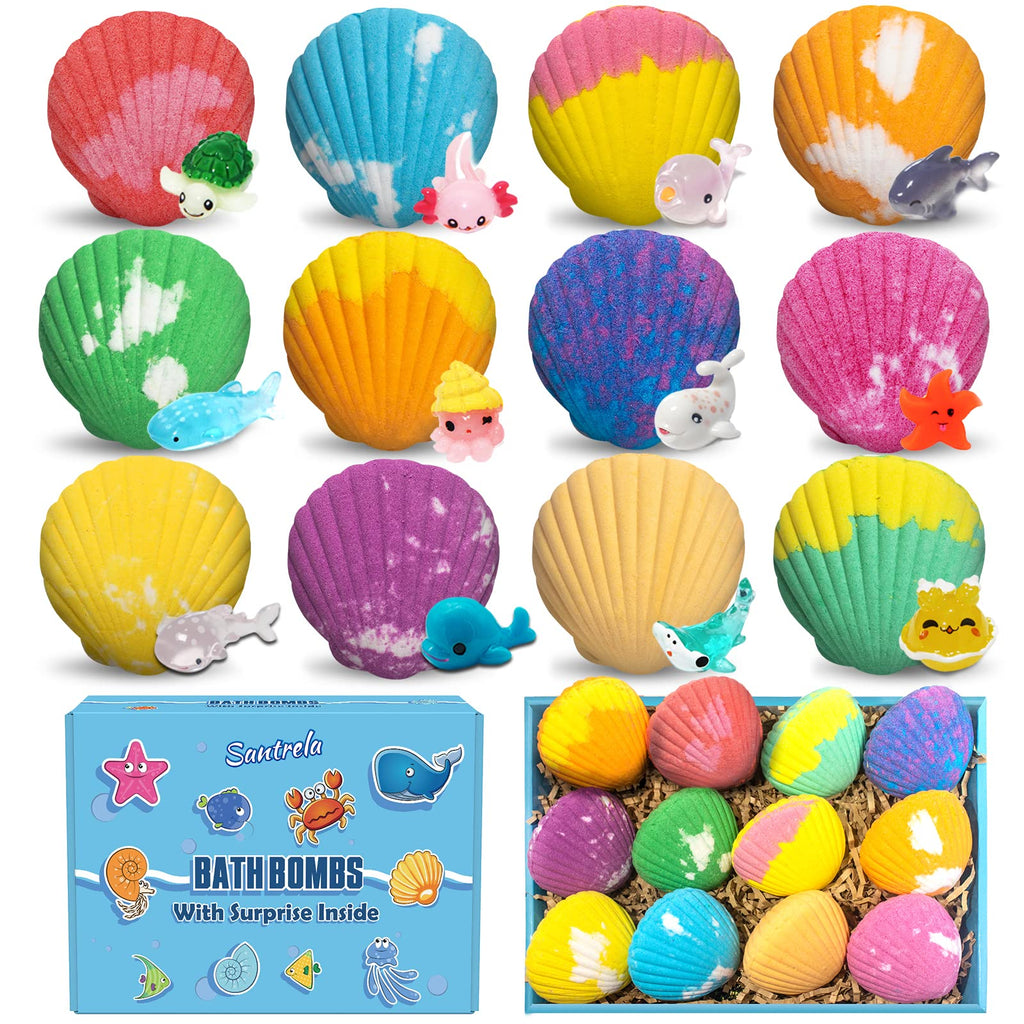 Santrela Sea Shell Bath Bombs for Kids — 12-Pack with Surprise Toys Inside