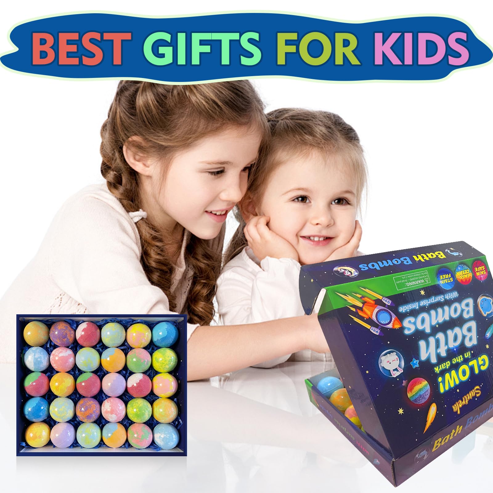 Santrela 30-Pack Kids Bath Bombs with Glow-in-the-Dark Toys | Safe, Scented Gift Set