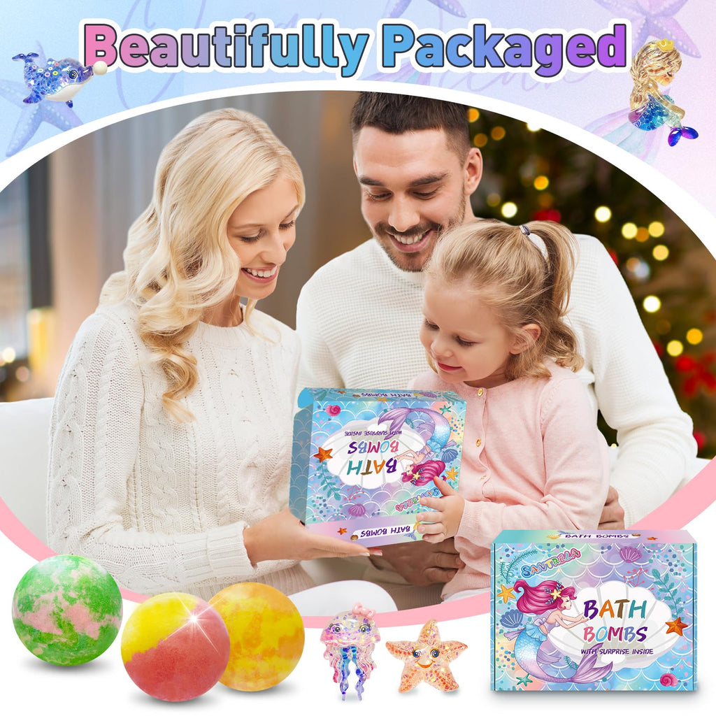 Santrela Kids Bath Bombs with Surprise Inside – 12pc Gift Set with Mermaid Toys & Hair Clips