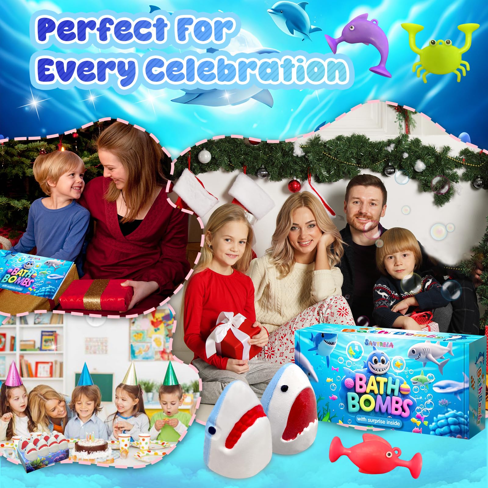 Santrela Shark Bath Bombs for Kids – 8-Pack with Surprise Inside & Suction Toys