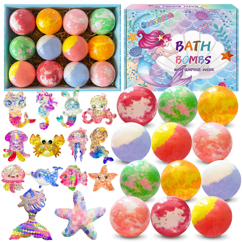 Santrela Kids Bath Bombs with Surprise Inside – 12pc Gift Set with Mermaid Toys & Hair Clips