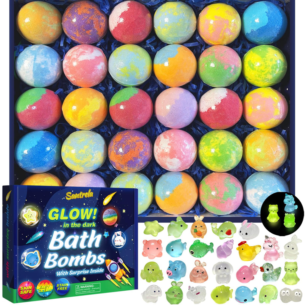 Santrela 30-Pack Kids Bath Bombs with Glow-in-the-Dark Toys | Safe, Scented Gift Set