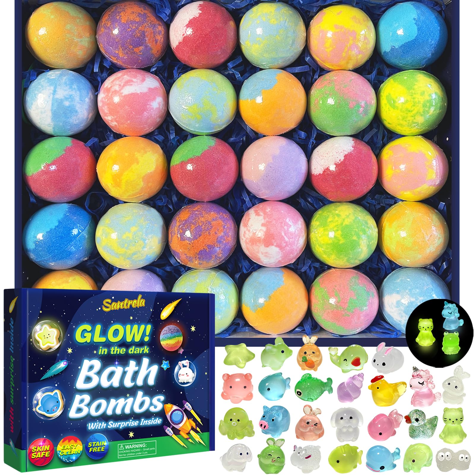 Santrela 30-Pack Kids Bath Bombs with Glow-in-the-Dark Toys | Safe, Scented Gift Set