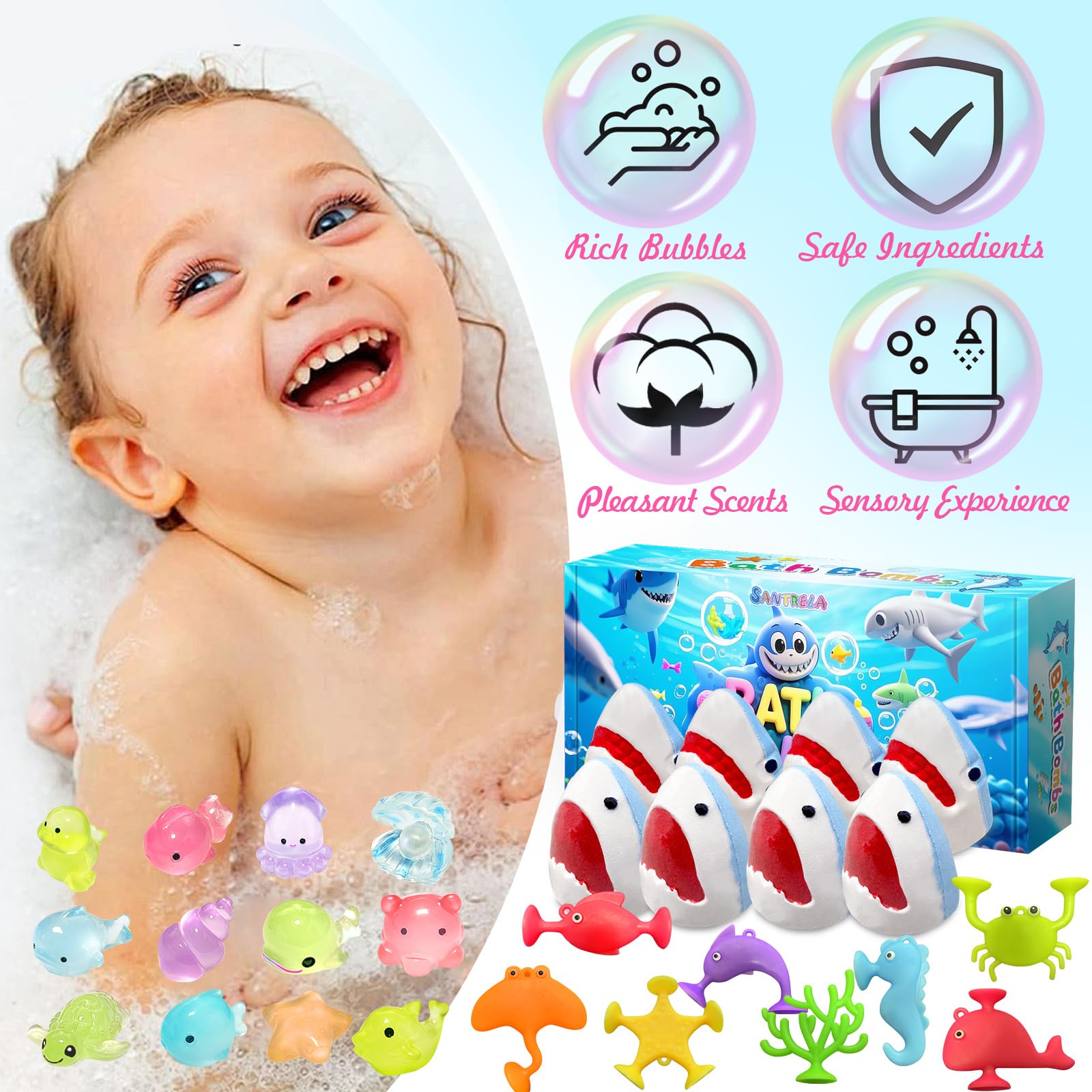 Santrela Shark Bath Bombs for Kids – 8-Pack with Surprise Inside & Suction Toys
