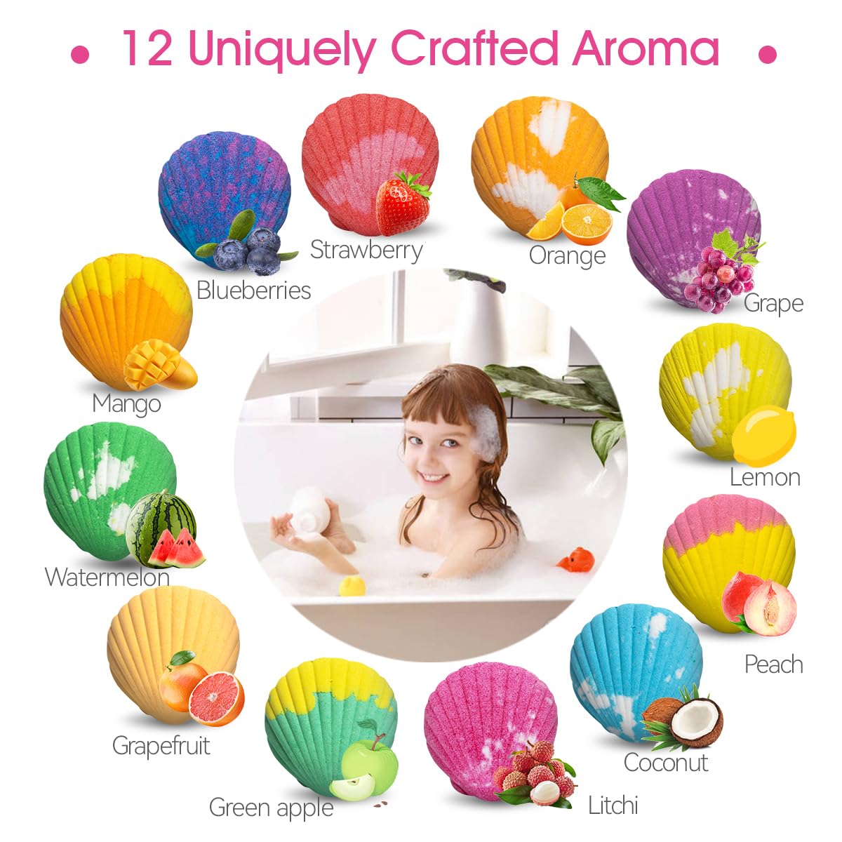 Santrela Sea Shell Bath Bombs for Kids — 12-Pack with Surprise Toys Inside