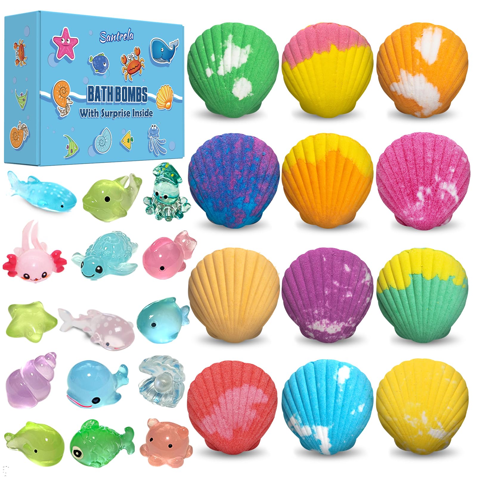 Santrela Sea Shell Bath Bombs for Kids — 12-Pack with Surprise Toys Inside