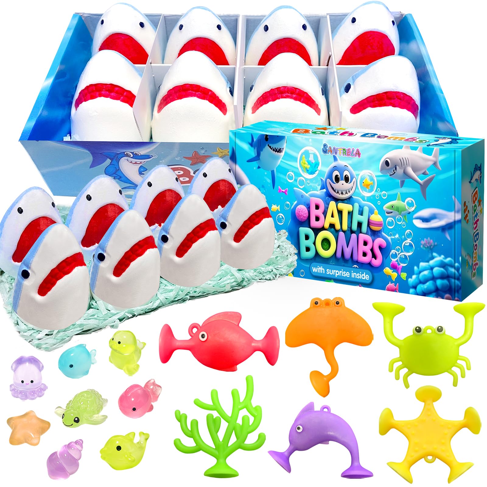 Santrela Shark Bath Bombs for Kids – 8-Pack with Surprise Inside & Suction Toys