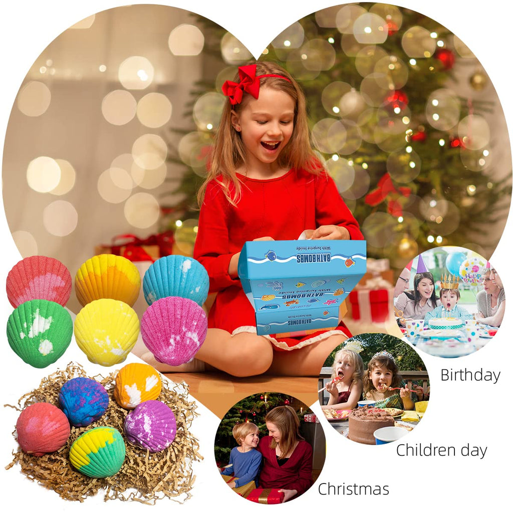 Santrela Sea Shell Bath Bombs for Kids — 12-Pack with Surprise Toys Inside