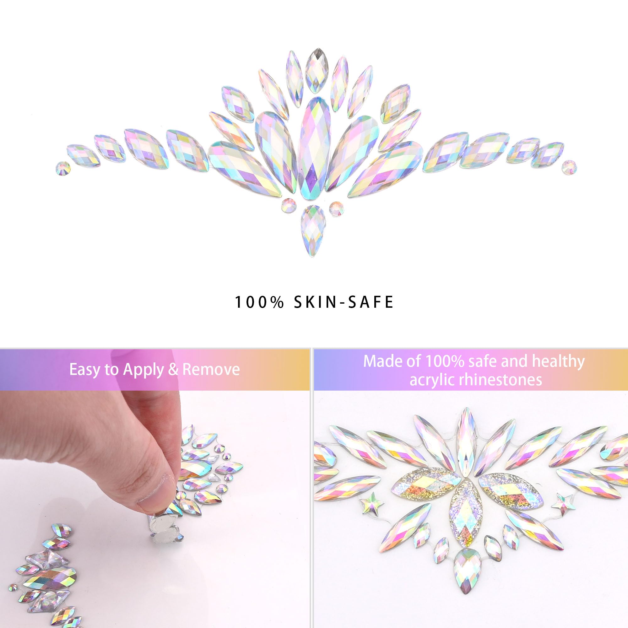 SAOROPEB Face Gems – Mermaid Rainbow Rhinestones (6 Sets) for Festival & Party