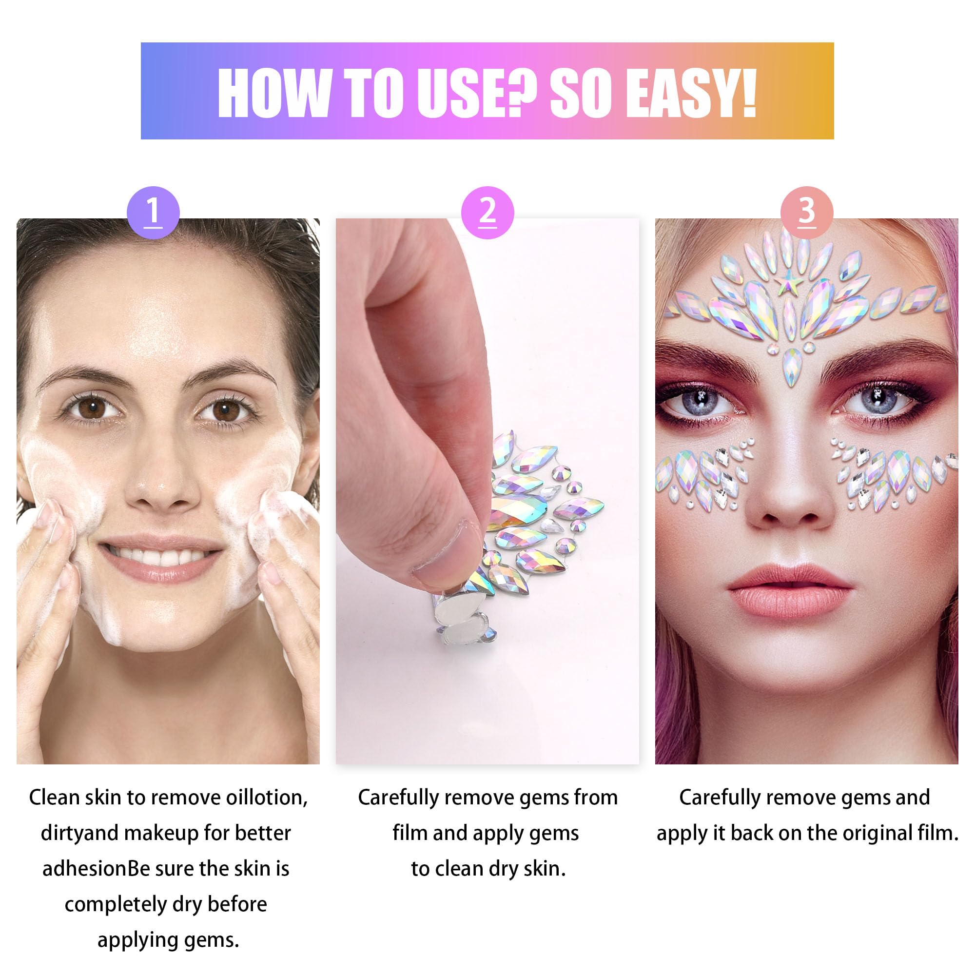 SAOROPEB Face Gems – Mermaid Rainbow Rhinestones (6 Sets) for Festival & Party
