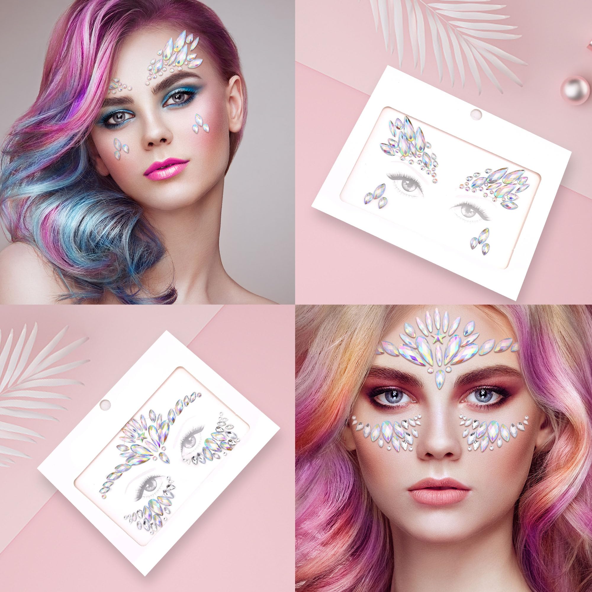SAOROPEB Face Gems – Mermaid Rainbow Rhinestones (6 Sets) for Festival & Party
