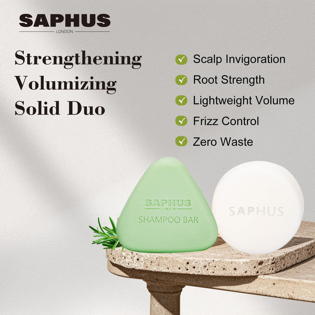 SAPHUS Rosemary Oil Shampoo Bar & Argan Conditioner Bar Set – Strengthen & Volumize Fine Hair