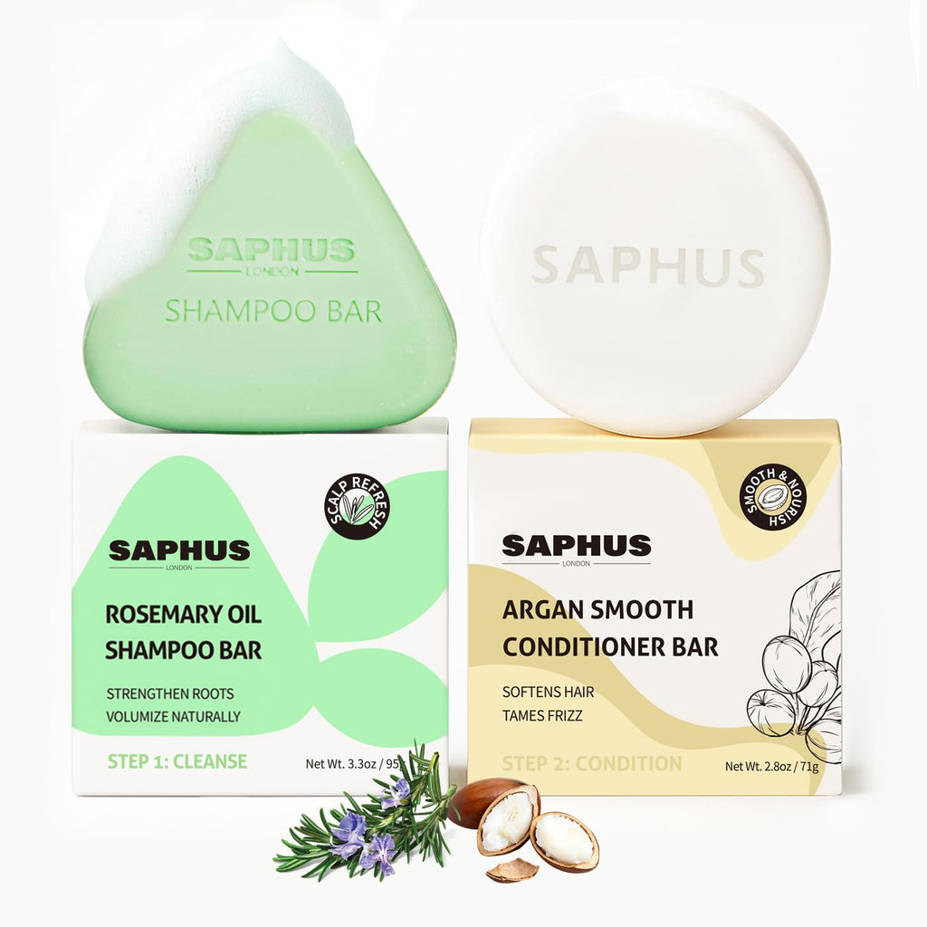 SAPHUS Rosemary Oil Shampoo Bar & Argan Conditioner Bar Set – Strengthen & Volumize Fine Hair