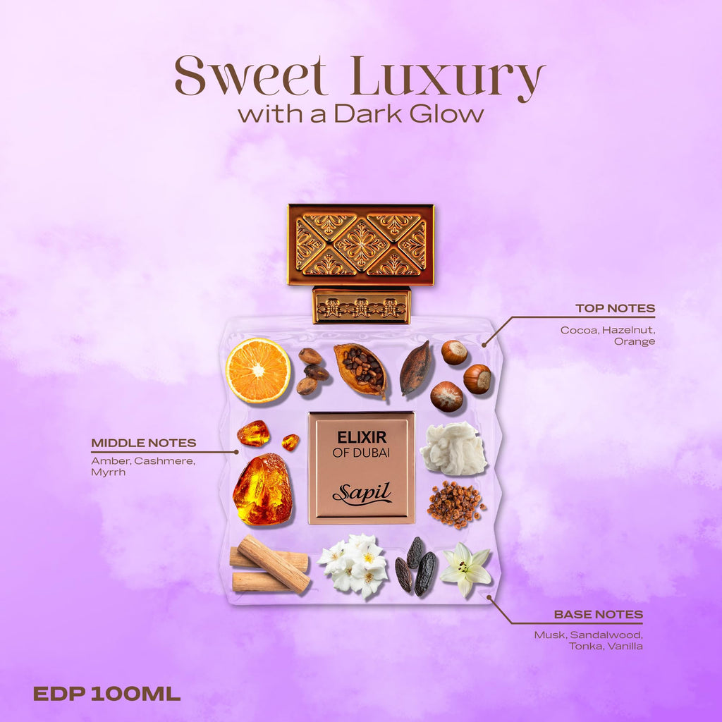 Sapil Elixir of Dubai Eau de Parfum – Unisex Amber Gourmand, Cocoa, Amber & Vanilla | 100 ml