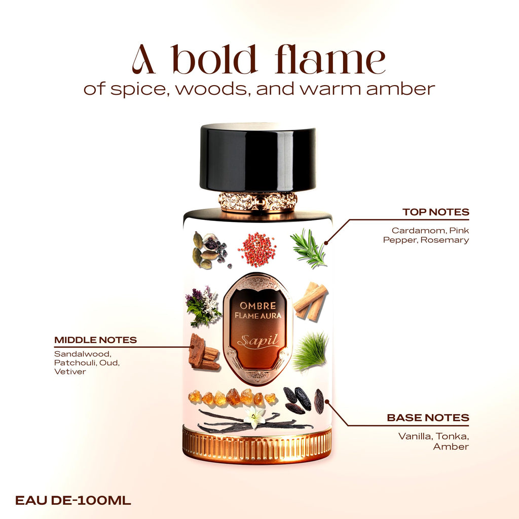 Sapil Ombre Flame Aura Eau de Parfum – Unisex Spicy Woody Perfume | Cardamom, Oud & Amber | 100 ml