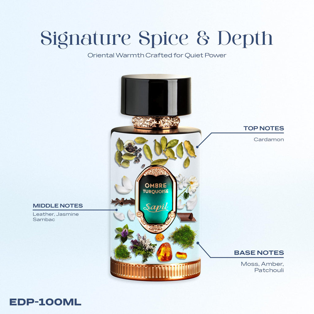Sapil Ombre Turquoise EDP – Unisex Woody Perfume | Cardamom, Leather & Amber | 100 ml