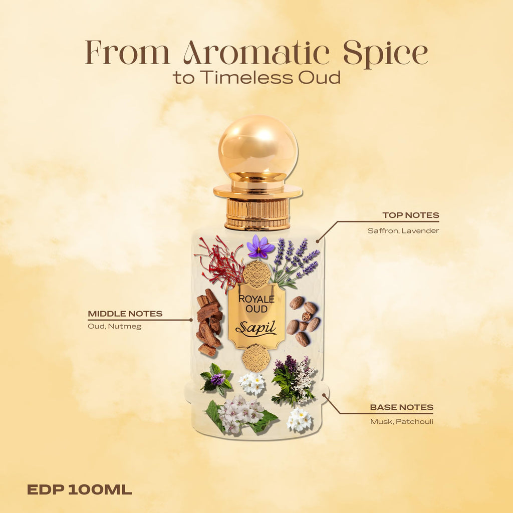 Sapil Royale Oud Eau de Parfum – Long Lasting Unisex Oud Perfume | Saffron, Oud & Patchouli Notes | 3.4 oz / 100 ml