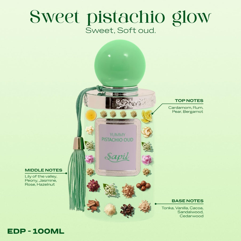 Sapil Yummy Pistachio Oud EDP – Unisex Gourmand Floral, Pistachio & Vanilla | 100 ml
