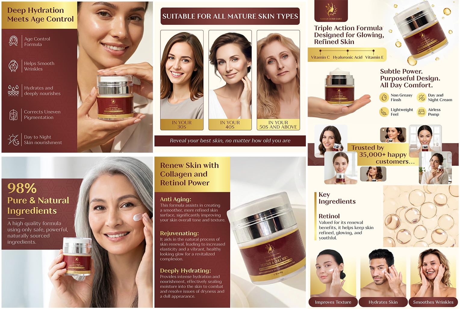 Sarah Luxe Care Dark Spot & Uneven Tone Cream | Retinol, Collagen & Hyaluronic Acid – 1.7 oz