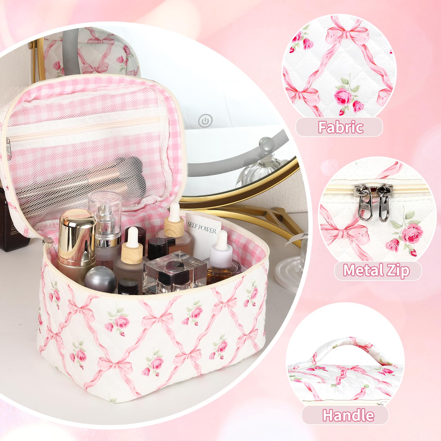 Sarrany 3Pcs Makeup Bag Set – Quilted Floral Cosmetic Bags, Wide-Open Access & Travel Organizer