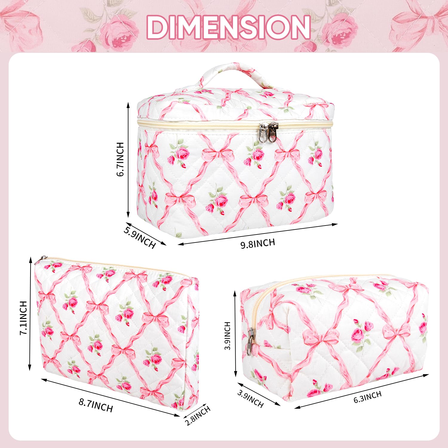 Sarrany 3Pcs Makeup Bag Set – Quilted Floral Cosmetic Bags, Wide-Open Access & Travel Organizer
